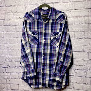 Vintage High Noon Western Blue Plaid Pearl Button Mens Long Sleeve Sz XL